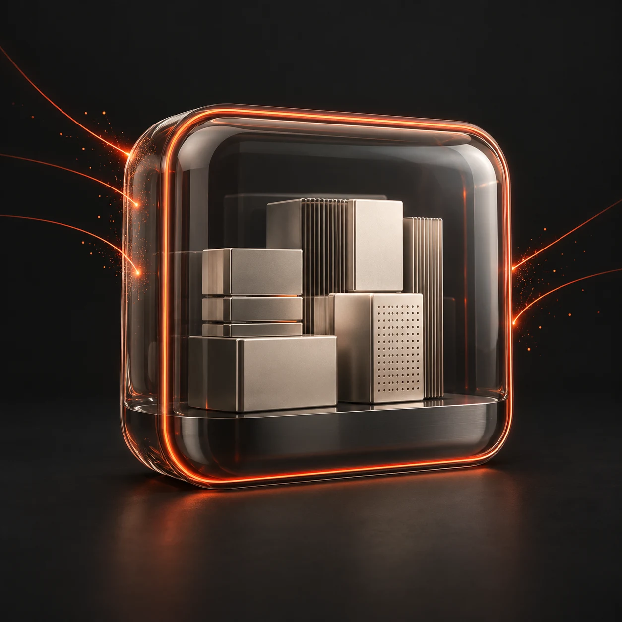 Metallic data blocks protected inside a smoked-glass enclosure, with orange threat signals stopped at its boundary.